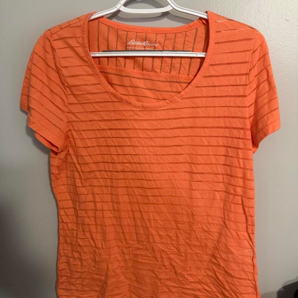 Orange Eddie Bauer striped shirt with horizontal ribbed texture